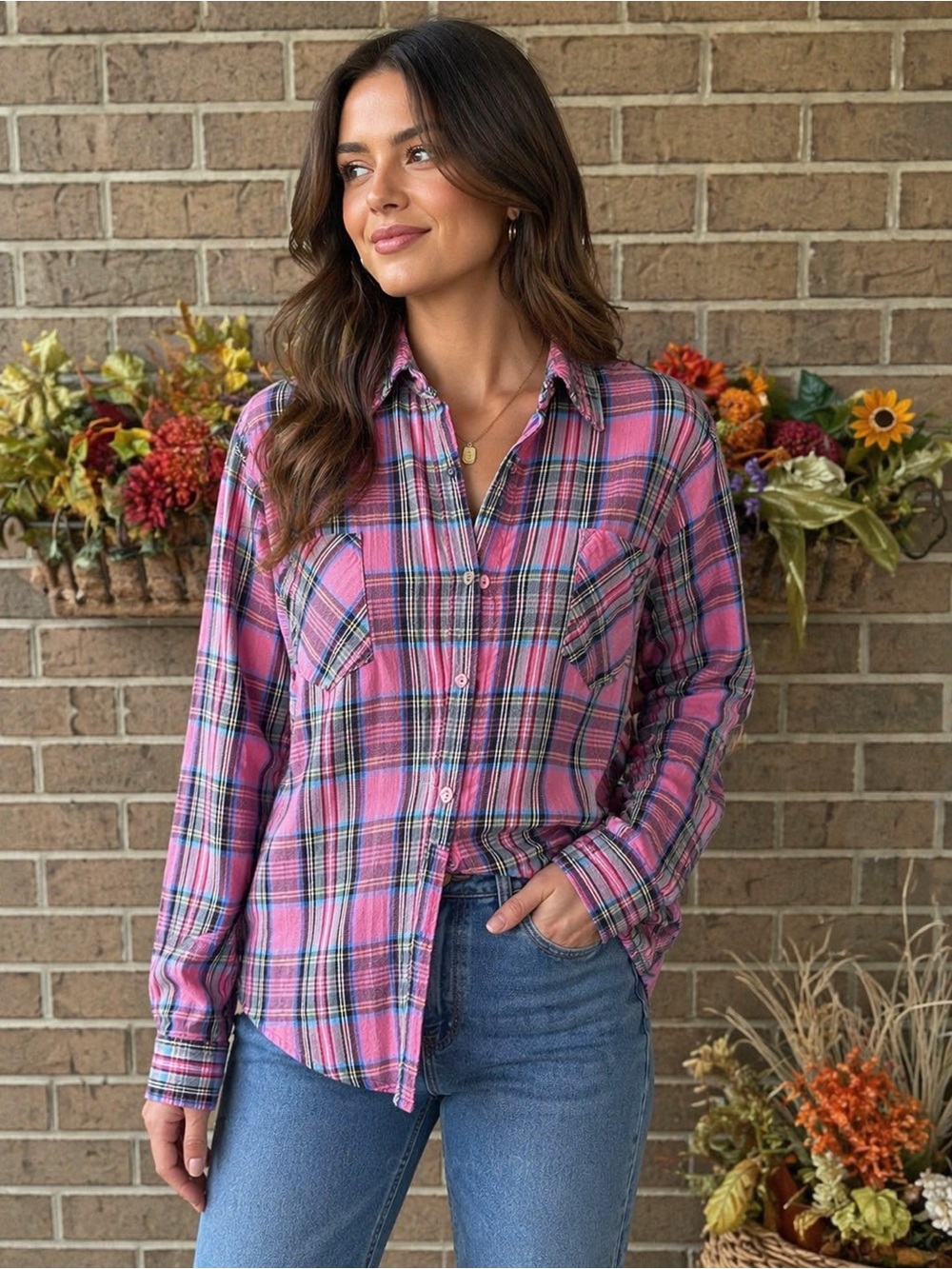 Vintage 90s Casual Pink Plaid Button Down Shirt for Women